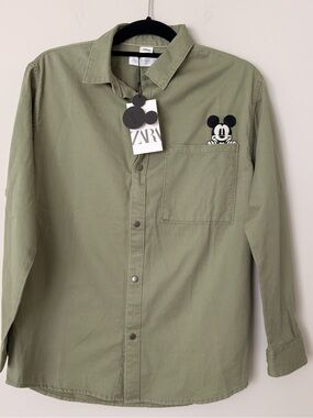 Zara Kids Olive Green Button-Down Shirt with Mickey Pocket Embroidery
